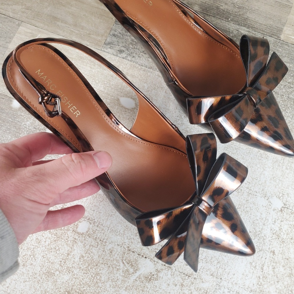 Marc Fisher Allon Womens Pumps Sz 9 M Leopard Patent Bow Slingback Pointed Heels - Picture 3 of 9